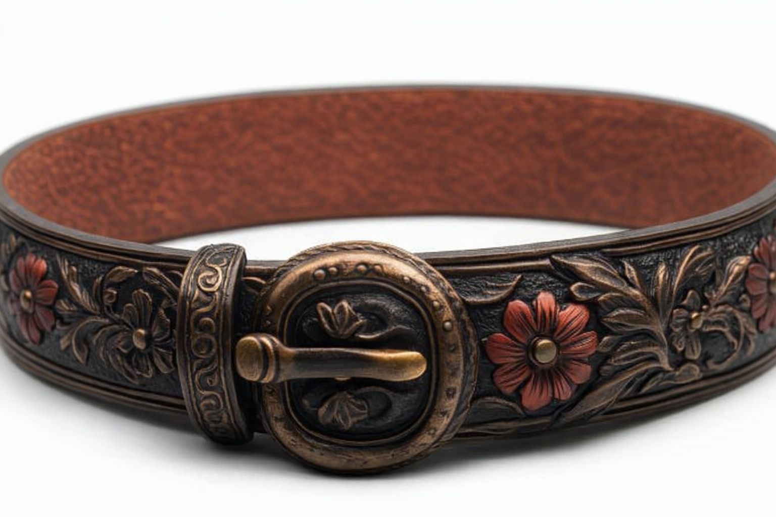 Närbild på ett brett, mörkbrunt läderarmband med ett detaljerat metallspänne och röda blommor.